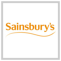 The word "Sainsburys" written in gold letters on a white background